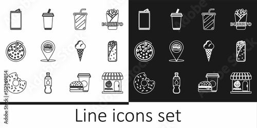 Set line Pizzeria building facade, Burrito, Glass with water, Location burger, Pizza, Aluminum can, Ice cream waffle cone and icon. Vector