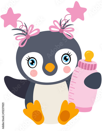 Cute baby girl penguin holding a baby bottle of milk
