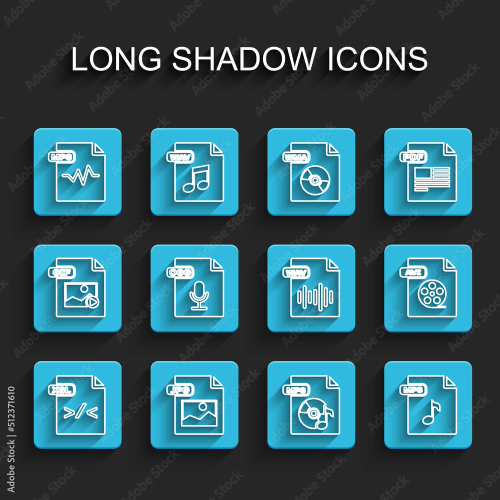 Set line XSL file document, JPG, MP3, OGG, AVI and WAV icon. Vector Set line XSL file document, JPG, MP3, OGG, AVI and WAV icon. Vector