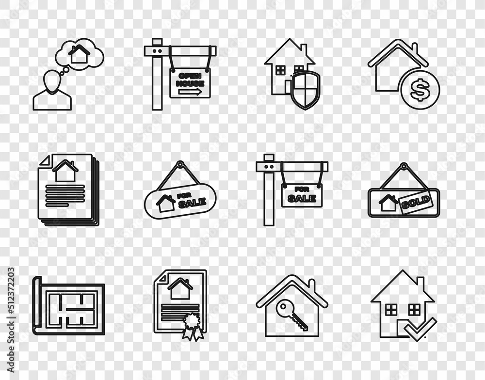 Set line House plan, with check mark, under protection, contract, Man dreaming about buying house, Hanging sign For Sale, key and Sold icon. Vector Set line House plan, with check mark, under protection, contract, Man dreaming about buying house, Hanging sign For Sale, key and Sold icon. Vector