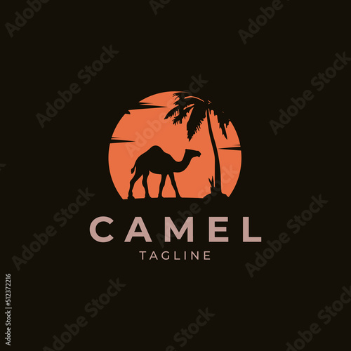 A black silhouette of a camel and beautiful sun a logo design vector illustration