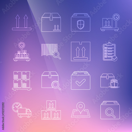 Set line Search package, Cargo ship with boxes, Verification of delivery list, Delivery security shield, barcode, Scale cardboard, This side up and Cardboard traffic icon. Vector