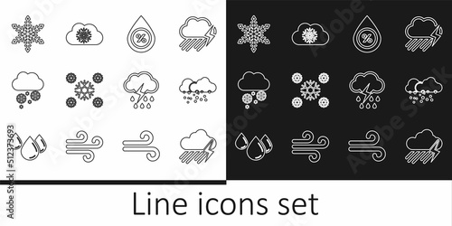 Set line Cloud with rain and lightning  snow  Water drop percentage  Snow  Snowflake  and icon. Vector