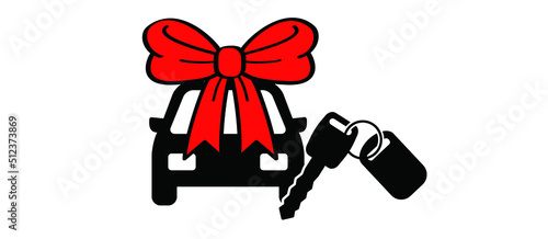 Cartoon new car with bow and knot icon or pictogram. Concept buying or renting a new or used auto. Vector car as a gift with ribbon. Cars delivery logo or symbol. Sale concept. Deal and ribbons.