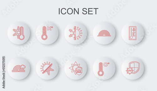 Set line UV protection, Rainbow with cloud, Sun and snowflake, Meteorology thermometer, Thermometer, and icon. Vector