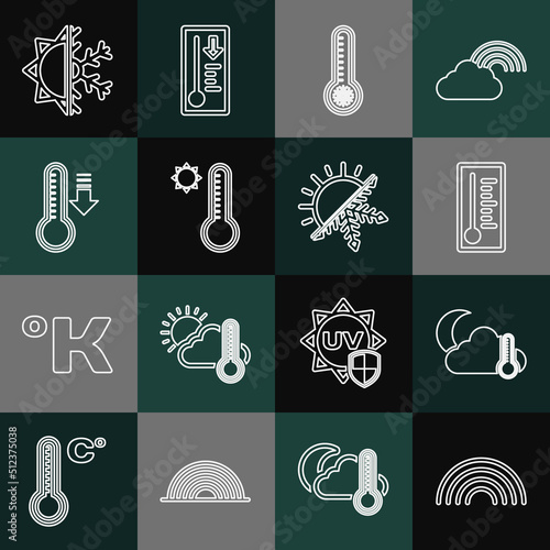 Set line Rainbow, Thermometer and cloud, moon, Meteorology thermometer, Sun snowflake and icon. Vector