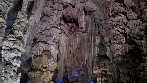 Long stalactites and rock columns in St. Michael's cave in Gibraltar.