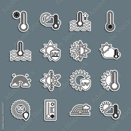 Set line Thermometer and cloud, sun, with, Water thermometer, UV protection, Meteorology and Sun snowflake icon. Vector