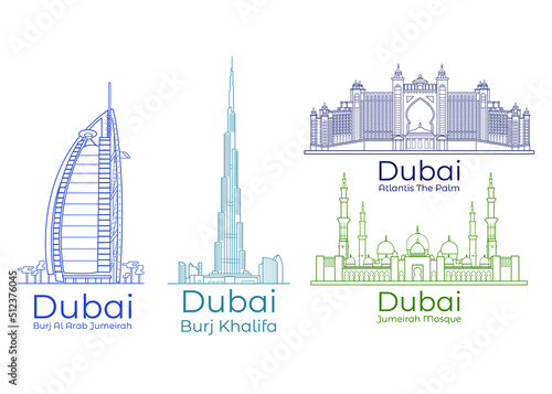 Vector illustration Set of landmarks and monuments Dubai.