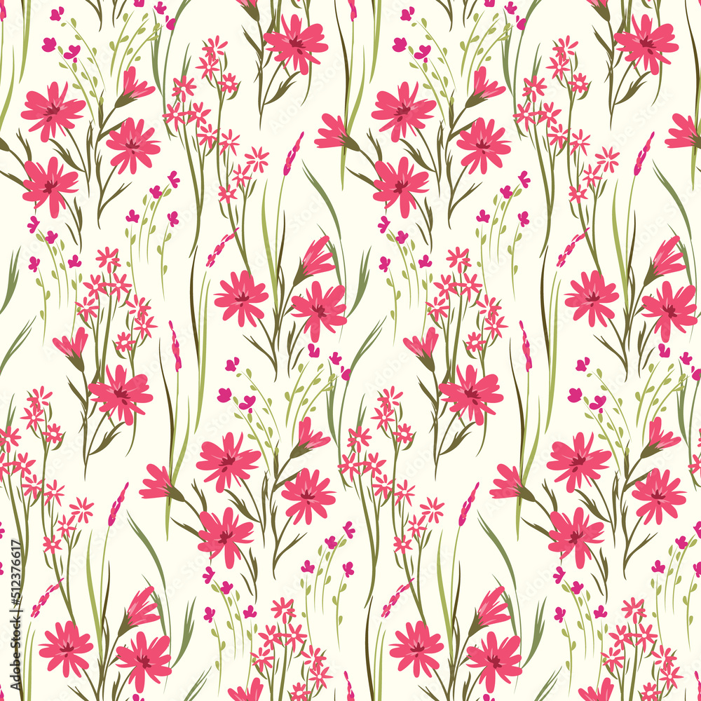 Seamless floral pattern with a romantic spring meadow, various wild plants on a white field. Cute ditsy print, elegant botanical background with hand drawn flowers, leaves, herbs. Vector.