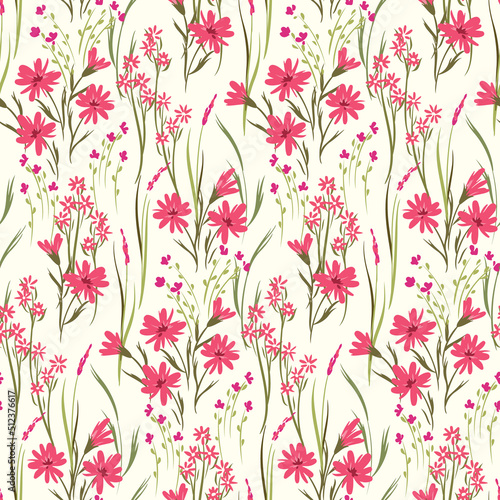 Seamless floral pattern with a romantic spring meadow  various wild plants on a white field. Cute ditsy print  elegant botanical background with hand drawn flowers  leaves  herbs. Vector.