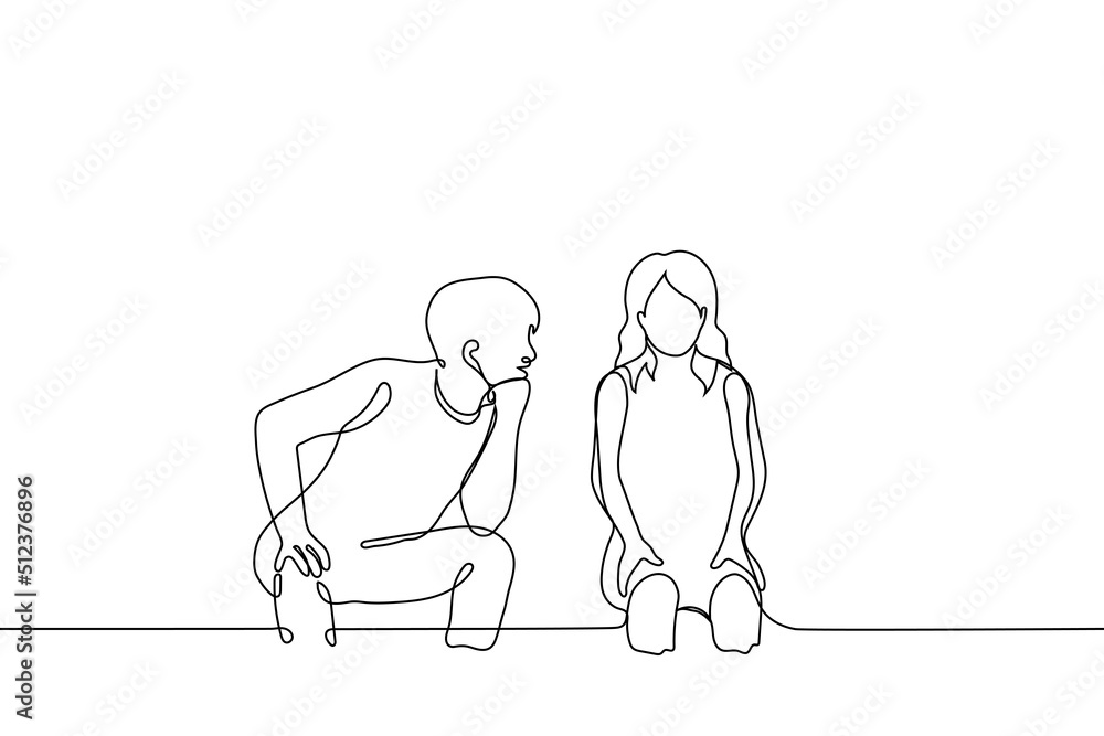 man sits next to girl and looks at her point-blank talking to her and smiling girl does not look at him and shy - one line drawing vector. concept of man flirting with woman, street harassment