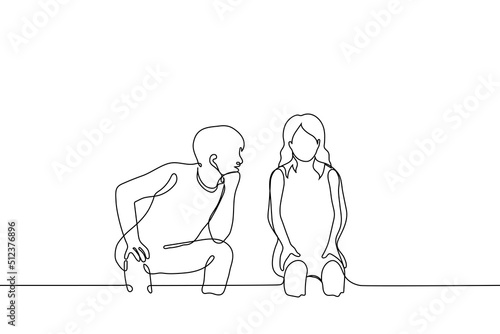 man sits next to girl and looks at her point-blank talking to her and smiling girl does not look at him and shy - one line drawing vector. concept of man flirting with woman, street harassment