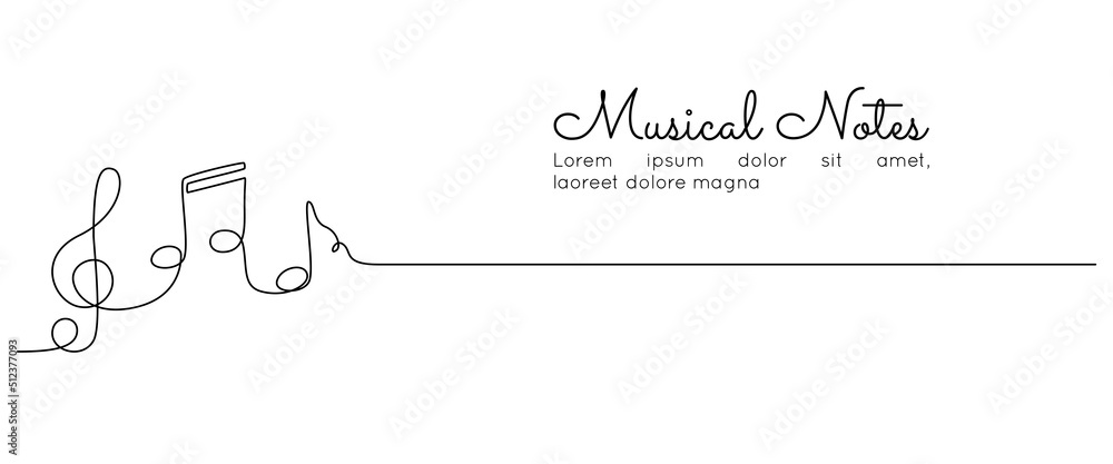 One continuous line drawing of musical notes. Minimalist web banner and logo of music school or choir concert in simple linear style. Editable stroke. Doodle vector illustration - obrazy, fototapety, plakaty 