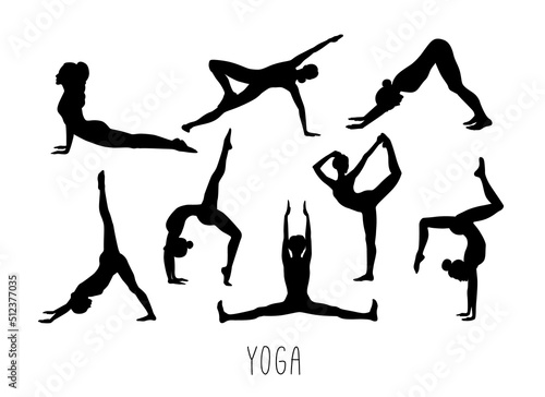 Silhouettes of woman practicing yoga, relaxation, and meditation. Vector illustration.
