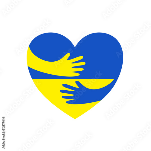 Hand embraces heart in Ukraine flag colors in pray for Ukraine concept illustration for banner, postcard, poster etc.