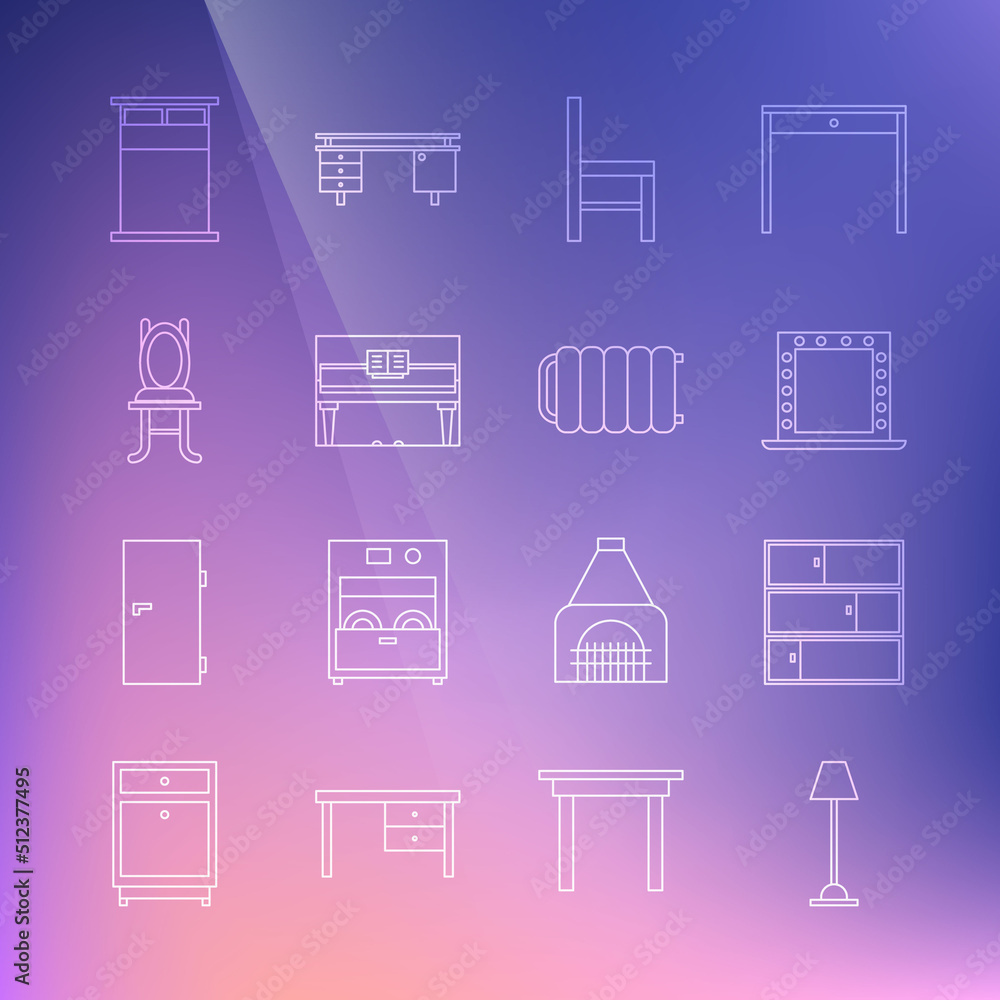 Set line Floor lamp, Shelf, Makeup mirror with lights, Chair, Grand piano, Big bed and Heating radiator icon. Vector Set line Floor lamp, Shelf, Makeup mirror with lights, Chair, Grand piano, Big bed and Heating radiator icon. Vector