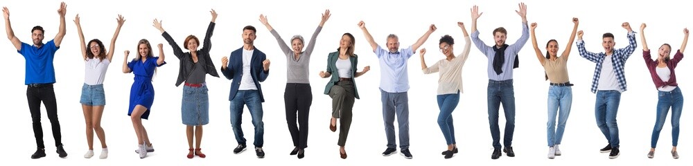 People in casual clothes with raised arms