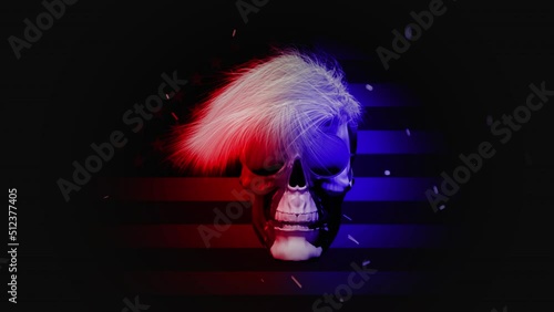 Animation of a skull with sun glasses with wispy blonde hair blowing in the wind with red and blue lighting and a USA flag in the background. Comes with the Alpha of the Skull and hair