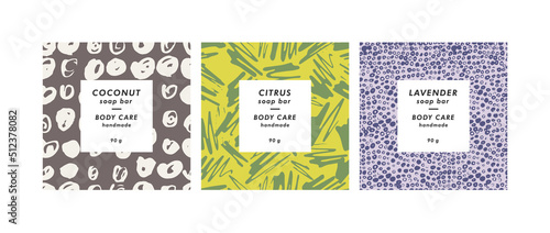 Vector set seamless patterns for cosmetics with template design labels. Abstract contemporary backgrounds for handmade soap.