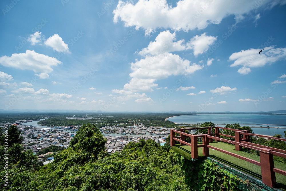 Fisherman Village. Pak Nam Chumphon. View from Khao (Hill) Matsee Viewpoint in Chumphon province, Thailand at viewpoint time Fisherman Village. Pak Nam Chumphon. View from Khao (Hill) Matsee Viewpoint in Chumphon province, Thailand at viewpoint time
