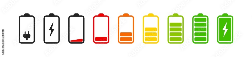 Set of vertical battery level indicators in percentage vector. Battery indicator symbols. 0-100 percent. - obrazy, fototapety, plakaty 