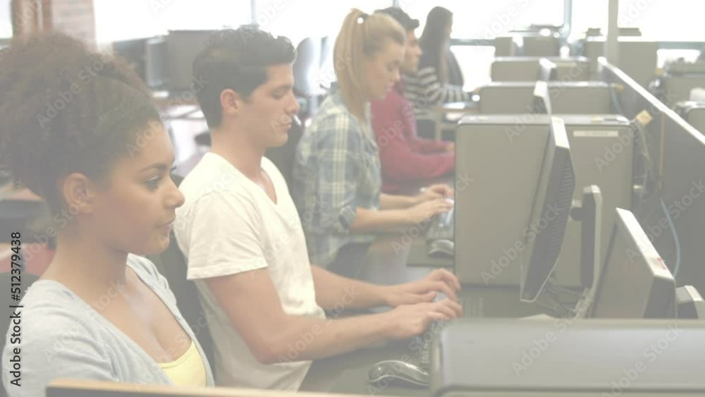 Animation of light background over diverse students using computers Animation of light background over diverse students using computers