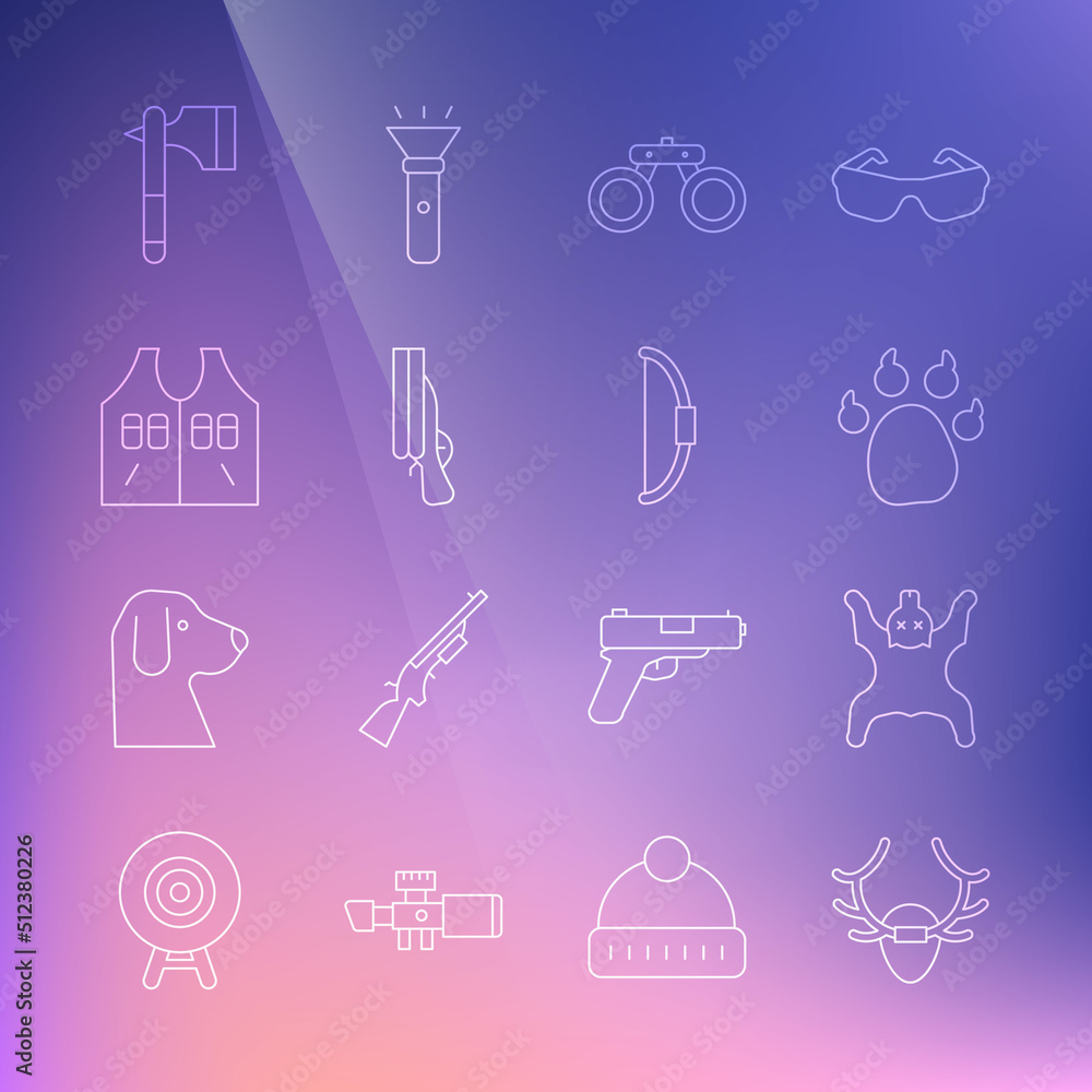 Set line Deer antlers on shield, Bear skin, Paw print, Binoculars, Shotgun, Hunting jacket, Wooden axe and Bow icon. Vector Set line Deer antlers on shield, Bear skin, Paw print, Binoculars, Shotgun, Hunting jacket, Wooden axe and Bow icon. Vector