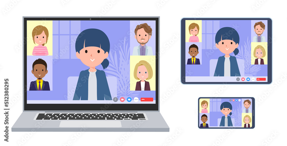 オンラインミーティングをしているナチュラルスタイル女性のセット