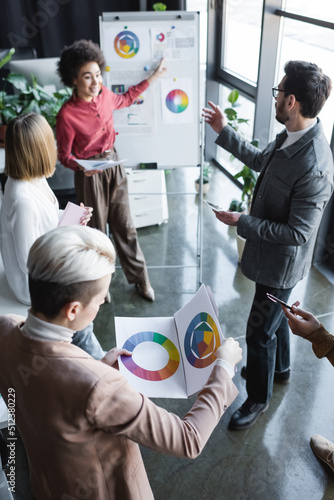 smiling african american manager pointing at flip chart with project near colleagues in advertising agency.