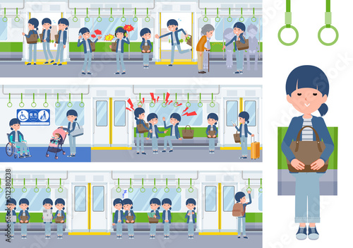 電車に乗るナチュラルスタイル女性のセット
