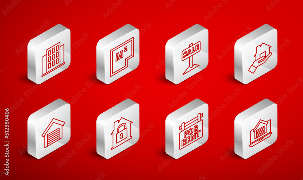 Set line Online real estate house, House plan, Hanging sign with Sale, Realtor, For Rent, under protection and Garage icon. Vector Set line Online real estate house, House plan, Hanging sign with Sale, Realtor, For Rent, under protection and Garage icon. Vector