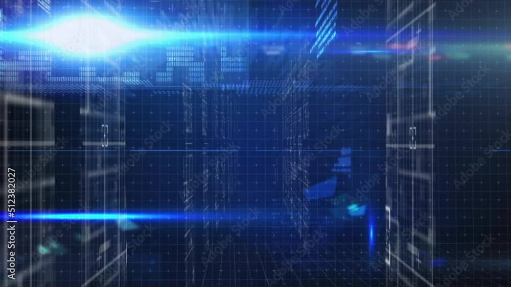 Animation of data processing and lights on navy background Animation of data processing and lights on navy background