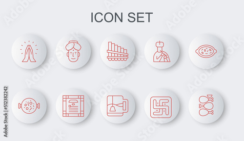 Set line Tandoori chicken, Chicken tikka masala, Pan flute, Hindu swastika, Hands praying position, Indian man, constitution day and Cup of tea with tea bag icon. Vector