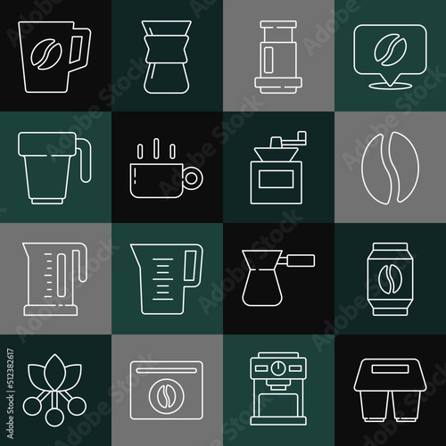 Set line Coffee cup to go, Bag coffee beans, Aeropress, and Manual grinder icon. Vector