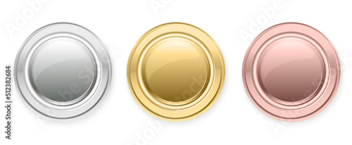 Vector coins or medals collection. Set of shiny round frames in gold, silver and bronze color. Winner emblems for first, second and third place reward