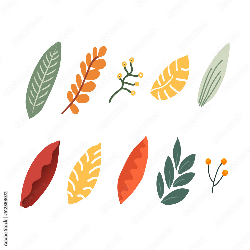 Sets of various kinds of leaves and flowers are suitable to complement your design