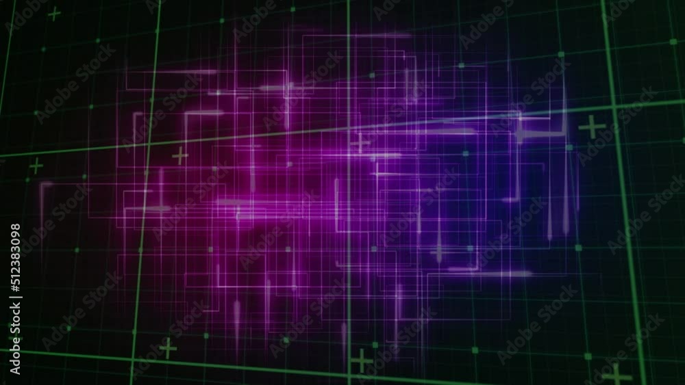 Animation of glowing data processing with markers over grid Animation of glowing data processing with markers over grid