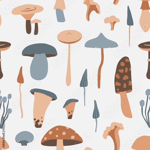Different flat cartoon mushrooms seamless pattern. Forest texture. Hand drawn nature illustration for seasonal autumn decoration, textile, fabric, paper. Botanical surface. Vector
