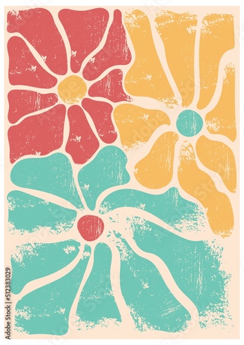 Abstract floral poster in retro style. Hand-drawn flowers vector Illustration. Seventies Style, groovy textured background. Decorative contemporary botanical elements. Hippie Aesthetic