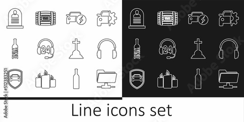 Set line FTP folder, Headphones, Electric car, for support, Bottle of wine, Tombstone with RIP written, cross and Wooden barrel icon. Vector