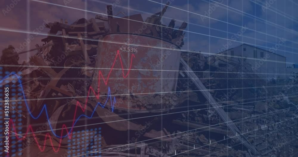 Animation of financial data and graphs over machines on junkyard Animation of financial data and graphs over machines on junkyard
