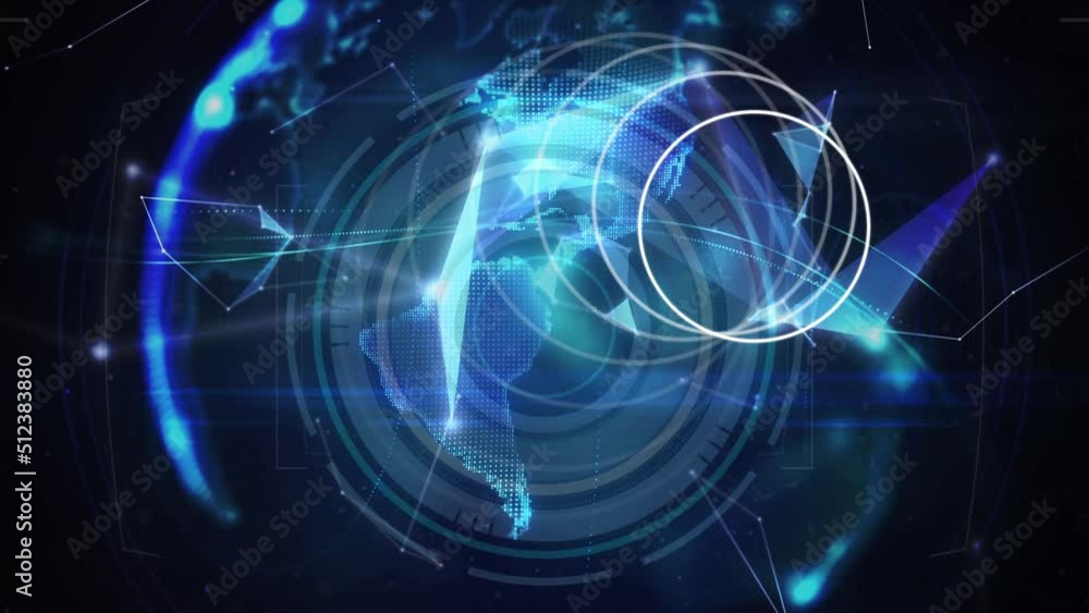 Animation of circles rotating over globe and connections on black background Animation of circles rotating over globe and connections on black background