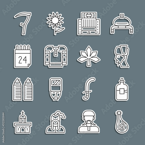 Set line Bandura, Bottle of vodka, Ukrainian cossack, Hotel Ukraina building, Embroidered shirt, Independence day Ukraine, Scythe and Chestnut leaf icon. Vector