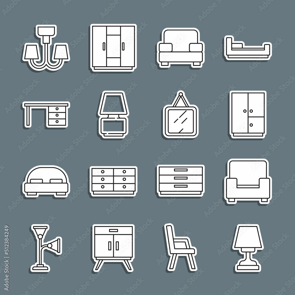 Set line Table lamp, Armchair, Wardrobe, Office desk, Chandelier and Mirror icon. Vector Set line Table lamp, Armchair, Wardrobe, Office desk, Chandelier and Mirror icon. Vector