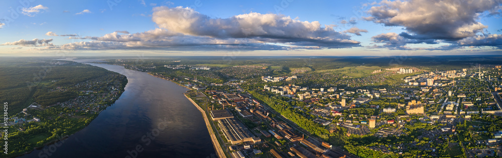 Perm, a large city of the Urals, the capital of the Perm Territory from a bird's eye view, drone photography. High resolution panorama