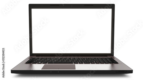 Laptop with blank screen isolated on white background, white aluminium body. Whole in focus. High detailed. 3d illustration. 