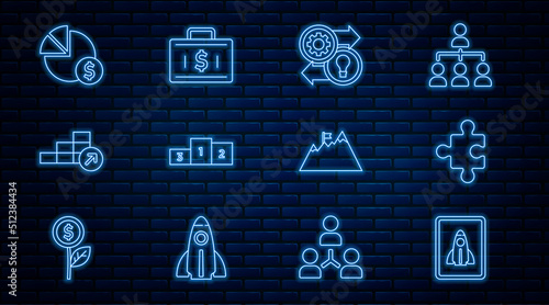 Set line Startup project concept, Piece of puzzle, Human resources, Business podium, Financial growth, chart and dollar, Mountains with flag and Briefcase money icon. Vector