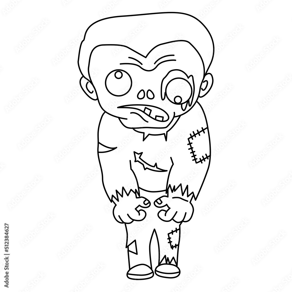 Fototapeta premium Cute zombie set cartoon coloring page illustration vector. For kids coloring book.