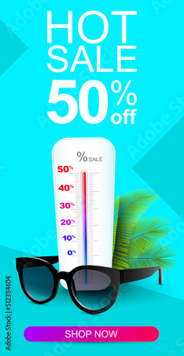 Creative 3d vertical banner of sunglasses with a thermometer showing a hot sale. Discount banner. Sale banner. Modern design. Fashion trendy sunglasses.